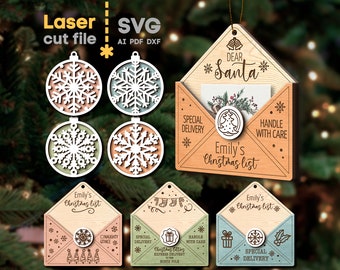 May include: Four laser cut wooden snowflake ornaments with a light blue, green, and orange color scheme.  Three wooden envelopes with a slot for a letter, a small circle for a sticker, and the text "Emily's Christmas List" and "Dear Santa".