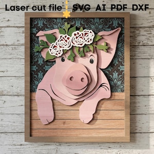 Pig SVG. Laser cut file for Glowforge, Piglet Farm Animal Flowers Farmhouse Rustic Decor Wall Painting, Svg Dxf Ai Pdf Cdr, INSTANT DOWNLOAD