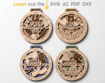 Family Medals SVG Bundle. Laser cut file for Glowforge, Best Mom Dad, Super Grandma Grandpa, Ornaments, Svg Dxf Ai Pdf Cdr, INSTANT DOWNLOAD