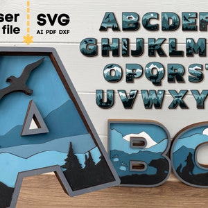 Alfabeto SVG. Archivo cortado con láser para Glowforge Cricut, Animales del bosque Letras Carta de la naturaleza Monogramas Remolinos Svg Dxf Ai Pdf Cdr DESCARGA INSTANTÁNEA