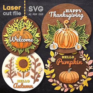 May include: Four round wooden signs with autumn-themed designs. The signs feature pumpkins, sunflowers, leaves, and the text "Welcome", "Happy Thanksgiving", "Hello Pumpkin", and "Hello Autumn".