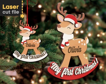 May include: Two wooden reindeer ornaments with red Santa hats and white scarves. The ornaments are decorated with brown spots and the text "My first Christmas!" and "Olivia".
