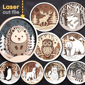 Pacchetto SVG animali della foresta invernale. File tagliato al laser per Glowforge, Lupo Riccio Gatto Pinguino Segni rotondi, Svg Dxf Ai Pdf Cdr, DOWNLOAD IMMEDIATO
