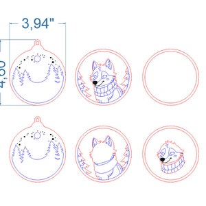 May include: A set of six circular ornaments featuring blue and red line art designs. Two ornaments show a forest and moon scene, two show a wolf wearing a scarf, one is blank, and one shows a wolf head. Dimensions are 3.94 inches by 4.60 inches.