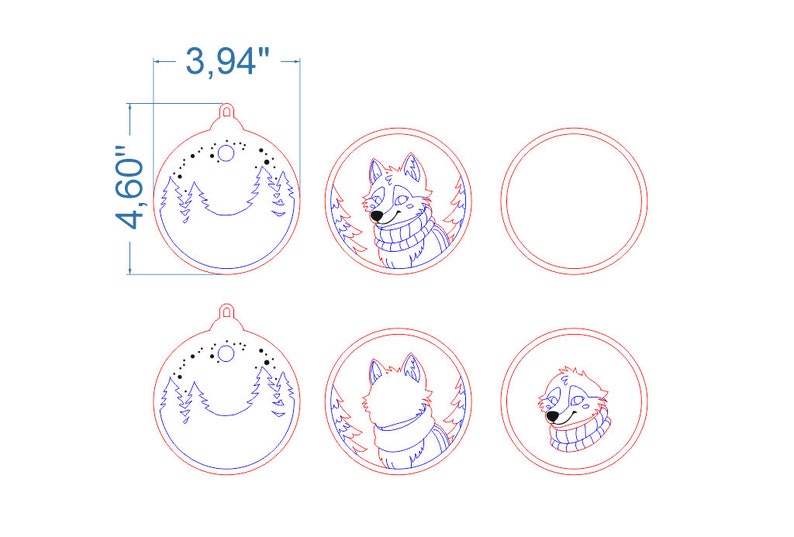 May include: A set of six circular ornaments featuring blue and red line art designs. Two ornaments show a forest and moon scene, two show a wolf wearing a scarf, one is blank, and one shows a wolf head. Dimensions are 3.94 inches by 4.60 inches.
