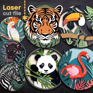 Dschungel Tiere SVG Bundle. Laserschnitt-Datei für Glowforge Cricut, Tiger Panda Panther Kakadu rundes Schild, SOFORTIGER DOWNLOAD svg dxf ai pdf Cdr