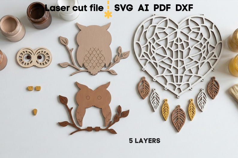 Dream Catcher SVG Bundle. Laser cut file for Glowforge, Owl Fox Leaves Heart Moon Sign Wall Decor, Svg Dxf Ai Pdf Cdr, INSTANT DOWNLOAD image 5