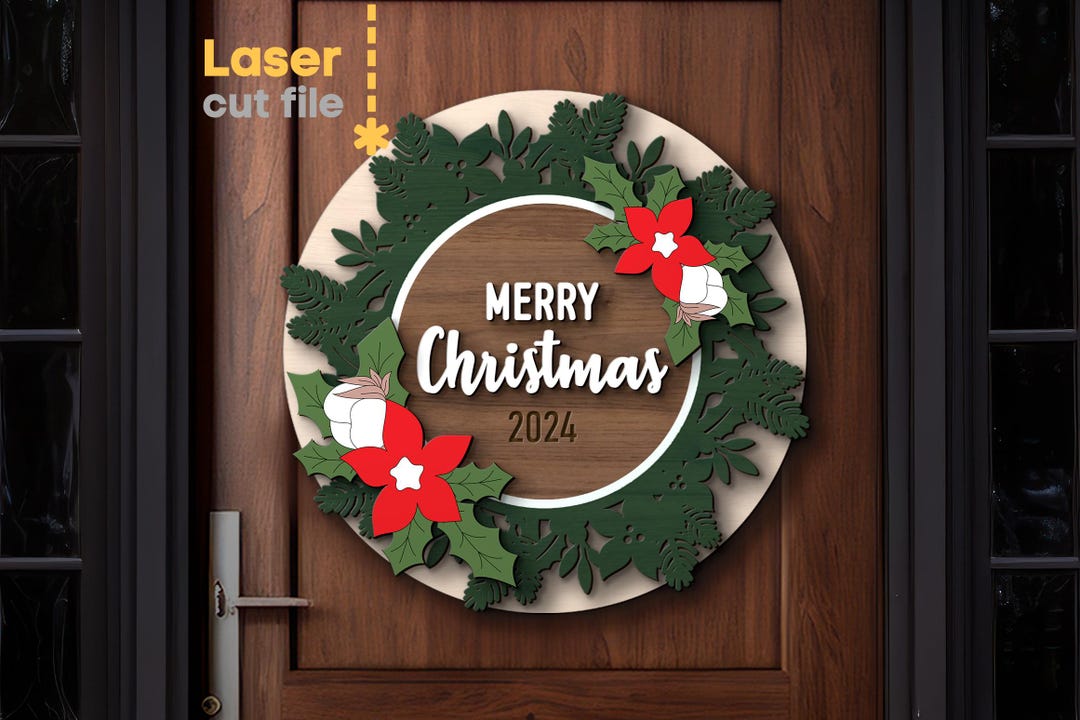 Merry Christmas Wreath SVG. Laser Cut File for Glowforge, Poinsettia ...