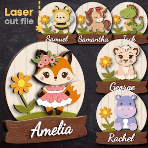 Nom de bébé SVG Bundle. Fichier découpé au laser pour Glowforge, signe rond animaux renard hippopotame licorne, Svg Dxf Ai Pdf Cdr, téléchargement immédiat