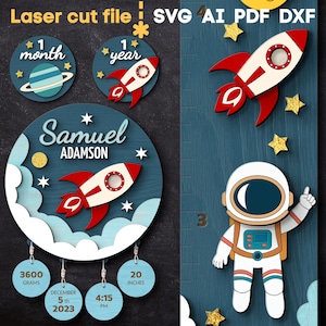 Pacote SVG com Placas de Nome de Bebê Espacial. Arquivo recortado a laser para Glowforge, Gráfico de Crescimento e Estatísticas de Anúncio de Nascimento, Svg, Dxf, AI, PDF e CD. DOWNLOAD INSTANTÂNEO.