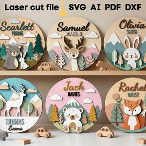 Forest Animal Baby Name Sign SVG Bundle. Laser cut file for Glowforge, Fox Bear Hare Set Nursery Decor, Svg Dxf Ai Pdf Cdr, INSTANT DOWNLOAD