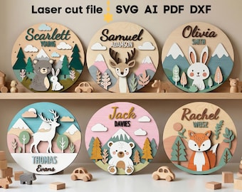 Forest Animal Baby Name Sign SVG Bundle. Laser cut file for Glowforge, Fox Bear Hare Set Nursery Decor, Svg Dxf Ai Pdf Cdr, INSTANT DOWNLOAD