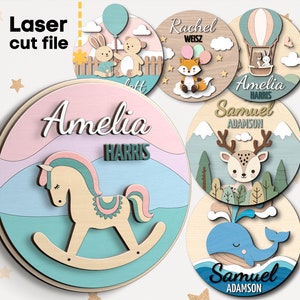 Nom de bébé SVG Bundle. Fichier découpé au laser pour Glowforge, panneau rond de pépinière de renard baleine ours cerf lapin, Svg Dxf Ai Pdf Cdr, téléchargement immédiat
