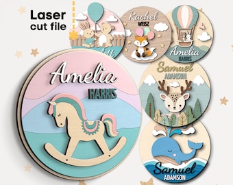 Babynaambord SVG-bundel. Lasergesneden bestand voor Glowforge, Fox Whale Bear Deer Rabbit Nursery Round Sign, Svg Dxf Ai Pdf Cdr, INSTANT DOWNLOAD