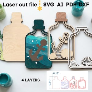 Lot de bouteilles de mer SVG. Fichier découpé au laser pour Glowforge, océan poisson dauphin hippocampe ancre navire sirène, Svg Dxf Ai Pdf Cdr, téléchargement immédiat image 9