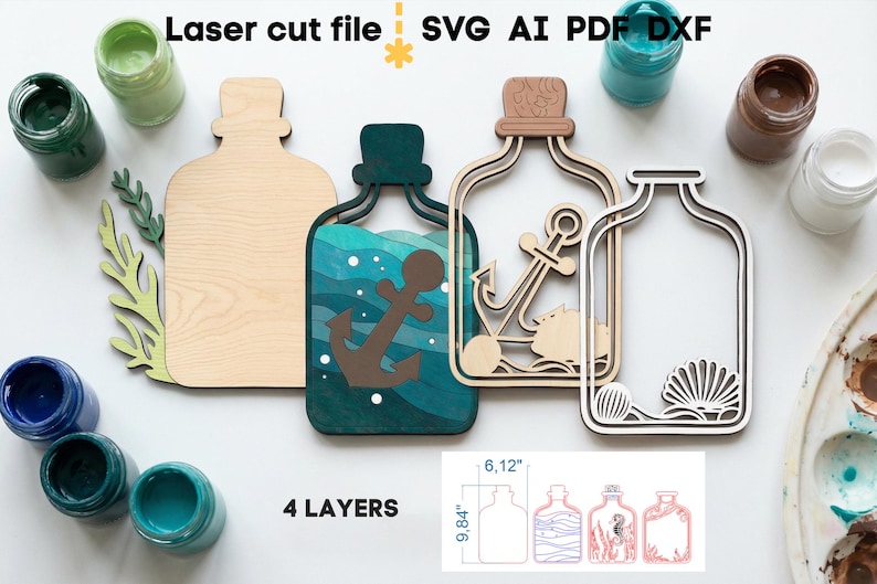 Lot de bouteilles de mer SVG. Fichier découpé au laser pour Glowforge, océan poisson dauphin hippocampe ancre navire sirène, Svg Dxf Ai Pdf Cdr, téléchargement immédiat image 9