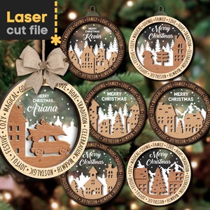 Weihnachtsbaum Spielzeug SVG Bundle Laser geschnittene Datei für Glowforge. Kugel Hirsch Dorf Schneemann Auto Frohe Weihnachten Baumschmuck SOFORTIGER DOWNLOAD
