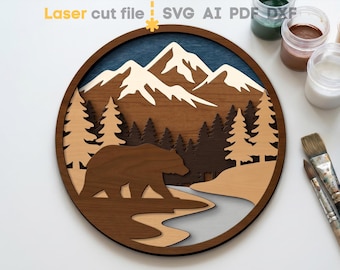 Nature SVG. Laser cut file for Glowforge, Mountains, Camping, Forest, River, Bear Ornament, Round Sign, Svg Dxf Ai Pdf Cdr, INSTANT DOWNLOAD