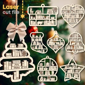 クリスマスツリーのおもちゃ SVG バンドル。Glowforge 用レーザーカット ファイル、本棚の飾りクリスマス ボール スター ベル、SVG Dxf Ai Pdf、即時ダウンロード