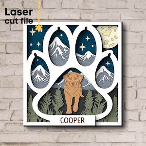 Hund SVG. Laser geschnitten Datei für Glowforge, Hund Pfoten Berge Mond Sterne Nachthimmel Hund Name Layered Rahmen, Dxf Ai Pdf Cdr, SOFORTIGER DOWNLOAD