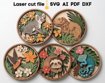 Tropical Animals SVG Bundle. Laser cut file for Glowforge, Nature Sloth Capybara Chameleon Lemur Flower, Svg Dxf Ai Pdf Cdr INSTANT DOWNLOAD