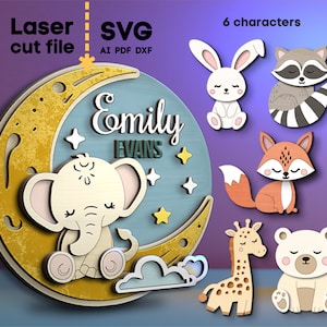 Nom de bébé SVG Bundle. Fichier découpé au laser pour Glowforge, bébé animaux renard ours raton laveur lune ensemble chambre d'enfant, Svg Dxf Ai Pdf Cdr TÉLÉCHARGEMENT IMMÉDIAT