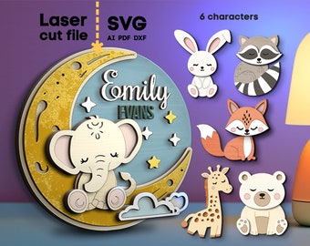 Baby Name Sign SVG Bundle. Laser cut file for Glowforge, Baby Animals Fox Bear Raccoon Moon Set Nursery, Svg Dxf Ai Pdf Cdr INSTANT DOWNLOAD