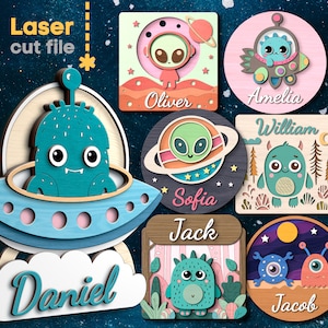 Aliens Baby Naam Teken SVG Bundel. Lasergesneden bestand voor Glowforge, Spaceship Star Monster Nursery Decor, Svg Dxf Ai Pdf Cdr, INSTANT DOWNLOAD