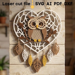 Dream Catcher SVG Bundle. Laser cut file for Glowforge, Owl Fox Leaves Heart Moon Sign Wall Decor, Svg Dxf Ai Pdf Cdr, INSTANT DOWNLOAD image 8
