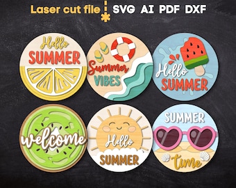 Hello Summer SVG Bundle. Laser cut file for Glowforge, Watermelon Ice cream Lemon Kiwi Sun Beach Welcome, Svg Dxf Ai Pdf, INSTANT DOWNLOAD