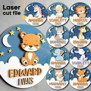 Baby Namen Zeichen SVG Bundle. Laser geschnitten Datei für Glowforge, Tiere Wolke Mond Eule Löwe Kinderzimmer Runde Schild, svg Dxf Ai Pdf Cdr SOFORT DOWNLOAD