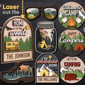 Pacchetto SVG di campeggio. File tagliato al laser per Glowforge, Montagne Tenda Occhiali Boot Jar Foresta Natura Ornamento Svg Dxf Ai Pdf Cdr DOWNLOAD immediato