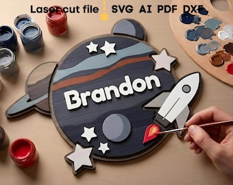 Space Baby Name Sign SVG. Laser cut file for Glowforge, Planets Rocket Nursery Decor, Baby Shower Gift, Svg Dxf Ai Pdf Cdr, INSTANT DOWNLOAD