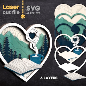 Natura e libro SVG. File tagliato al laser per Glowforge, Montagne Foresta Alberi Caffè Cuore Segno Home Decor, Svg Dxf Ai Pdf Cdr, DOWNLOAD IMMEDIATO