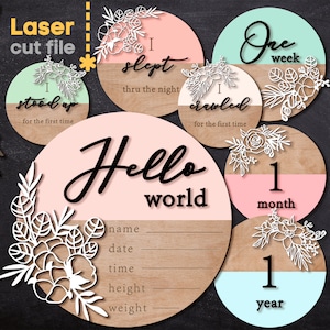 SVG hito mensual. Archivos cortados con láser para Glowforge. Baby hito rondas 23 Floral Markersbaby shower DESCARGA INSTANTE
