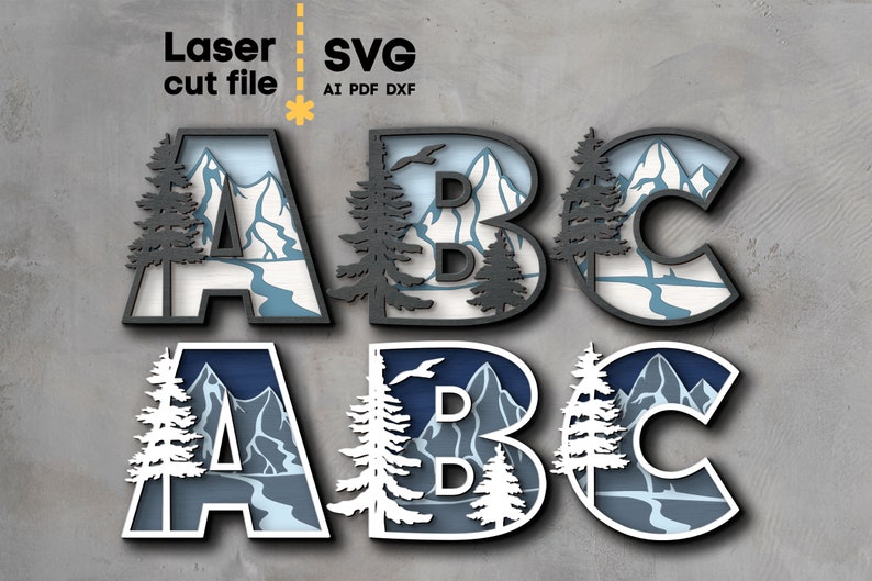 Spruce Lettering Winter Alphabet SVG. Laser Cut File for Glowforge, Letters, Mountains ...