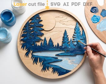 Nature SVG. Laser cut file for Glowforge, Camping, Forest, River, Sun Ornament, Round Sign, Wall Art, Svg Dxf Ai Pdf Cdr, INSTANT DOWNLOAD