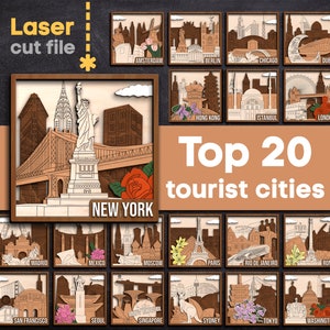 SVG-bundel met 20 toeristische steden. Lasergesneden bestand voor Glowforge, Travel, World City Landmarks, gelaagde lijst, Svg Dxf Ai Pdf Cdr INSTANT DOWNLOAD