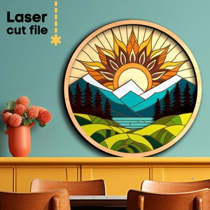 Pittura della natura SVG. File tagliato al laser per Glowforge, Forest Mountains River Tree Sun Round Sign Wall Art, Svg Dxf Ai Pdf Cdr, DOWNLOAD immediato