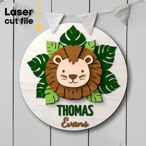 Leeuw babynaam teken SVG. Lasergesneden bestand voor Glowforge, Tropical Leaves Animal Set Nursery Round Sign, Svg Dxf Ai Pdf Cdr, INSTANT DOWNLOAD
