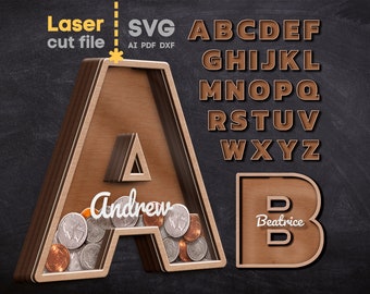 Alphabet Sparschwein SVG Laser geschnitten Datei für Glowforge Name Spardose personalisiert Spardose Buchstaben Monogramme SVG Dxf Ai Pdf SOFORT DOWNLOAD