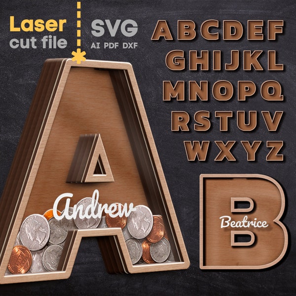 Alphabet Piggy Bank SVG Laser cut file for Glowforge Name Coin Bank Personalized Money Box Letters Monograms Svg Dxf Ai Pdf INSTANT DOWNLOAD