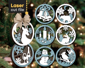 クリスマスツリーのおもちゃ SVG バンドル Glowforge 用レーザーカット ファイル ボール 鹿 クマ 雪だるま キャンドル カーディナル メリー クリスマス オーナメント 即時ダウンロード