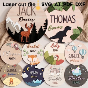 Zestaw SVG z tabliczką z imieniem dziecka. Plik wycinany laserowo dla Glowforge, Ustaw okrągłą tabliczkę z imieniem dziecka, Chłopczyk, Dziewczynka, SVG, DXF, AI, PDF, Cdr, NATYCHMIASTOWE POBIERANIE