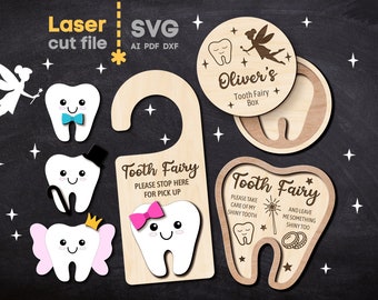 Tooth Fairy SVG Bundle. Laser cut file for Glowforge, Kid's Tooth Fairy Box Door hanger Money holder Svg Dxf Ai Pdf Cdr, INSTANT DOWNLOAD