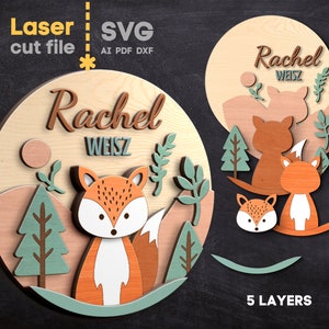 Nom de bébé renard SVG. Fichier découpé au laser pour Glowforge, panneau rond de la forêt, des animaux de la forêt mignon, Svg Dxf Ai Pdf Cdr, téléchargement immédiat
