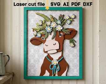 Kuh SVG. Laser geschnitten Datei für Glowforge, Bauernhof Tier Blumen Bauernhaus rustikale Dekor Wandmalerei, svg Dxf Ai pdf Cdr, SOFORTIGER DOWNLOAD