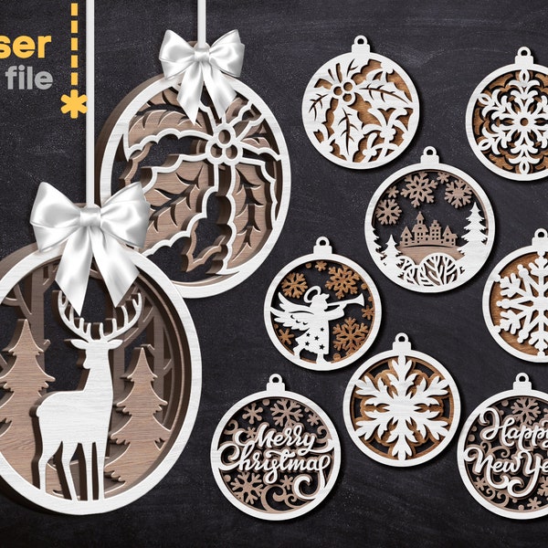 Christmas Tree Toys SVG Bundle Laser cut file for Glowforge Ball with Deer Bear Forest Mountains Merry Christmas Ornament INSTANT DOWNLOAD