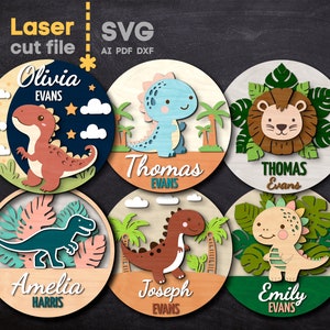 Dinosaurier Baby Namensschild SVG Bundle. Lasergeschnittene Datei für Glowforge, Dschungel-Tyrannosaurier-Löwen-Set-Kinderzimmer, Svg, Dxf, Ai, Pdf, Cdr, SOFORTIGER DOWNLOAD