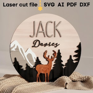 Baby Name Sign SVG. Laser cut file for Glowforge, Mountains Nature Deer Nursery Decor Baby Shower Gift, Svg Dxf Ai Pdf Cdr, INSTANT DOWNLOAD